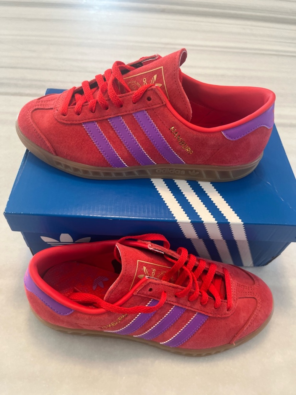 Adidas Red Suede Hamburg Sneakers with Purple Stripes